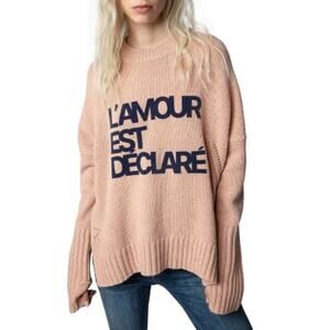 Zadig & Voltaire Sweater Womens Large Pink Malta 100% Merino Wool French Graphic